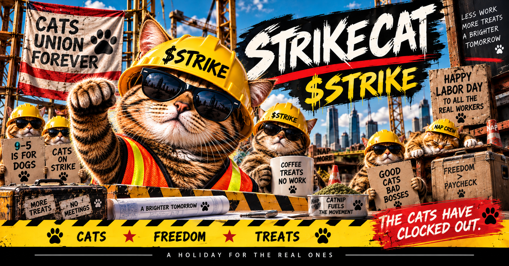 Strike Cat and the union cats on the picket line at a construction site